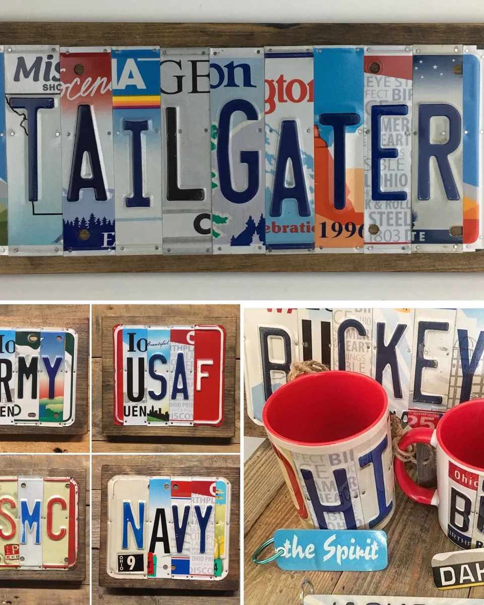 A collage of handmade signs and mugs decorated with cut license-plate letters